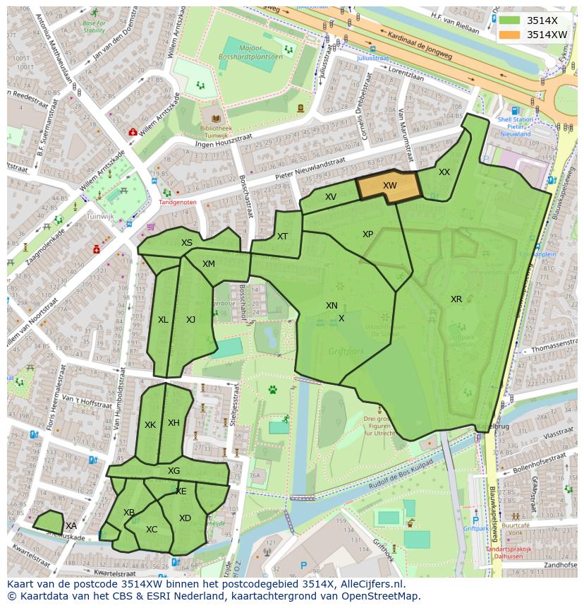 Afbeelding van het postcodegebied 3514 XW op de kaart.