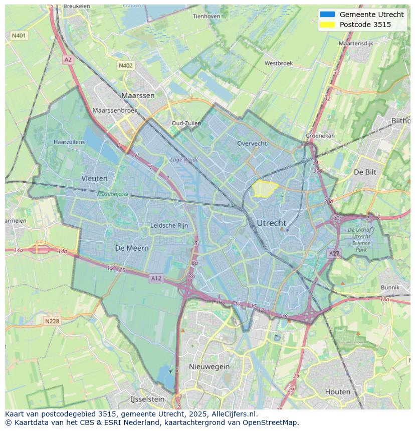 Afbeelding van het postcodegebied 3515 op de kaart.