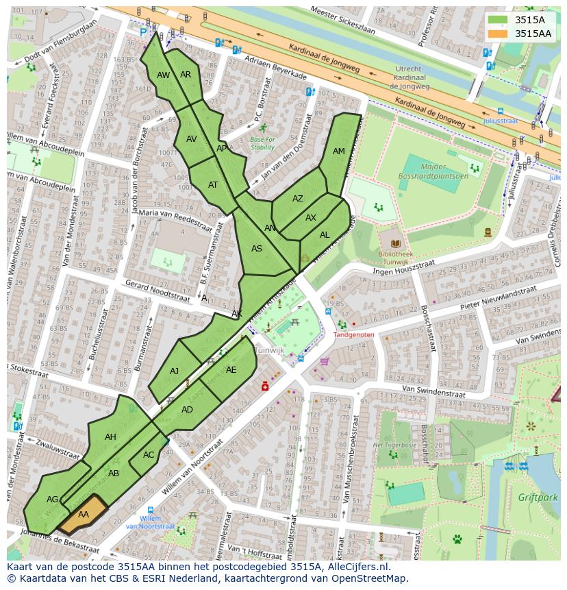 Afbeelding van het postcodegebied 3515 AA op de kaart.