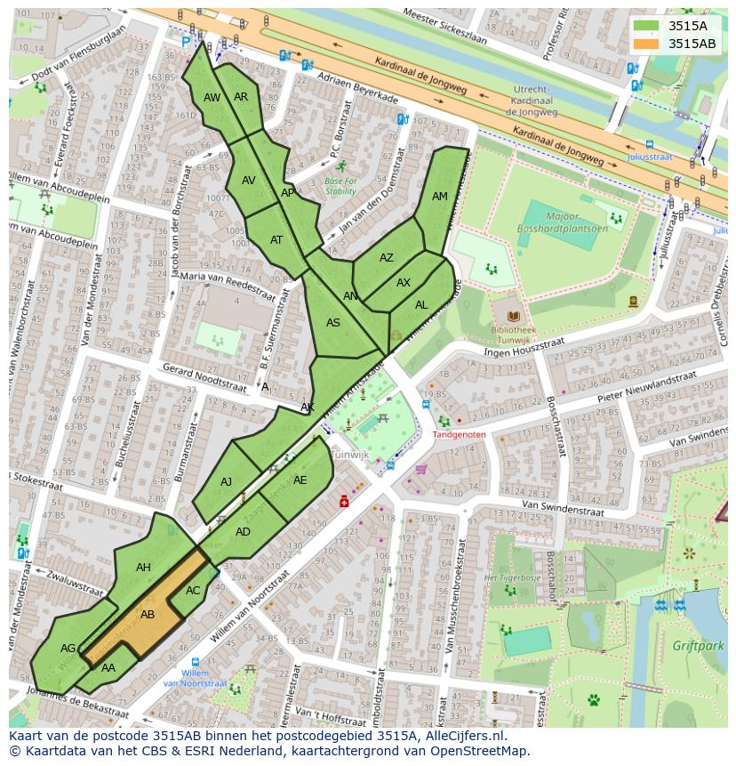 Afbeelding van het postcodegebied 3515 AB op de kaart.