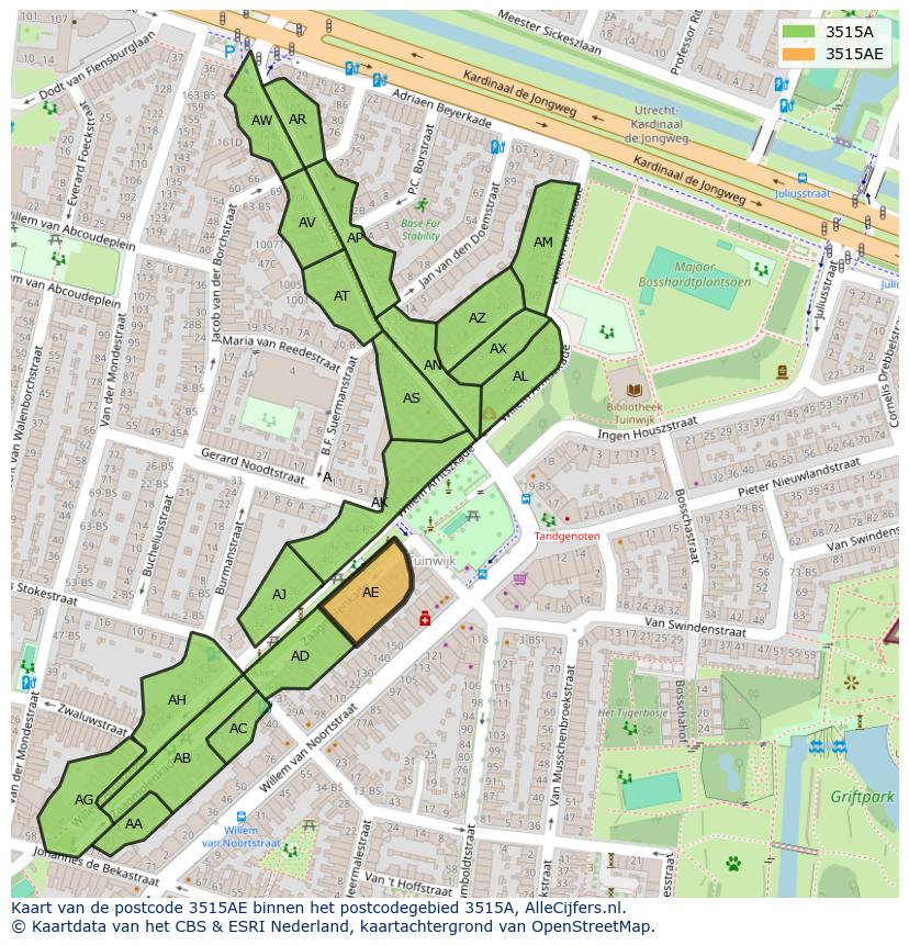 Afbeelding van het postcodegebied 3515 AE op de kaart.