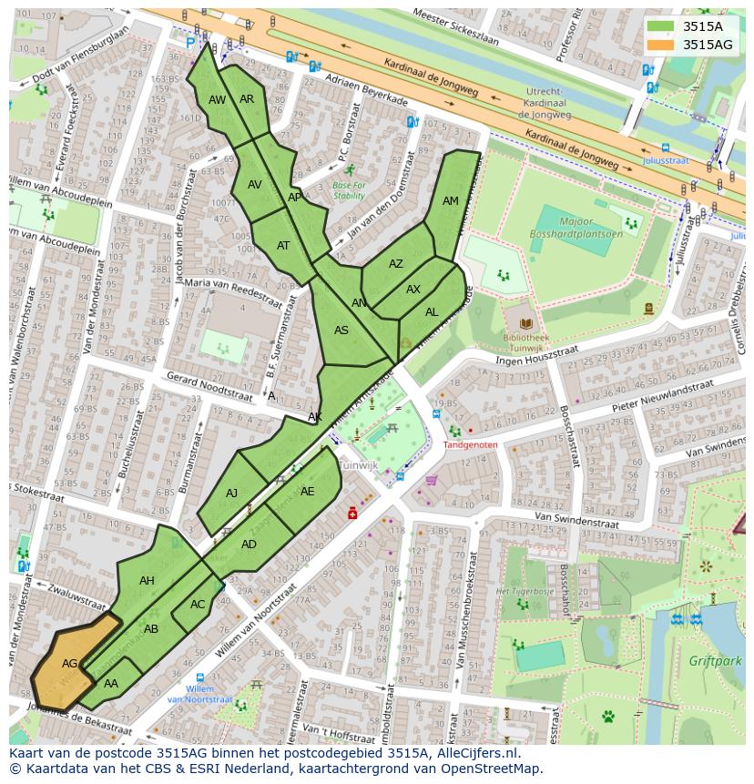 Afbeelding van het postcodegebied 3515 AG op de kaart.