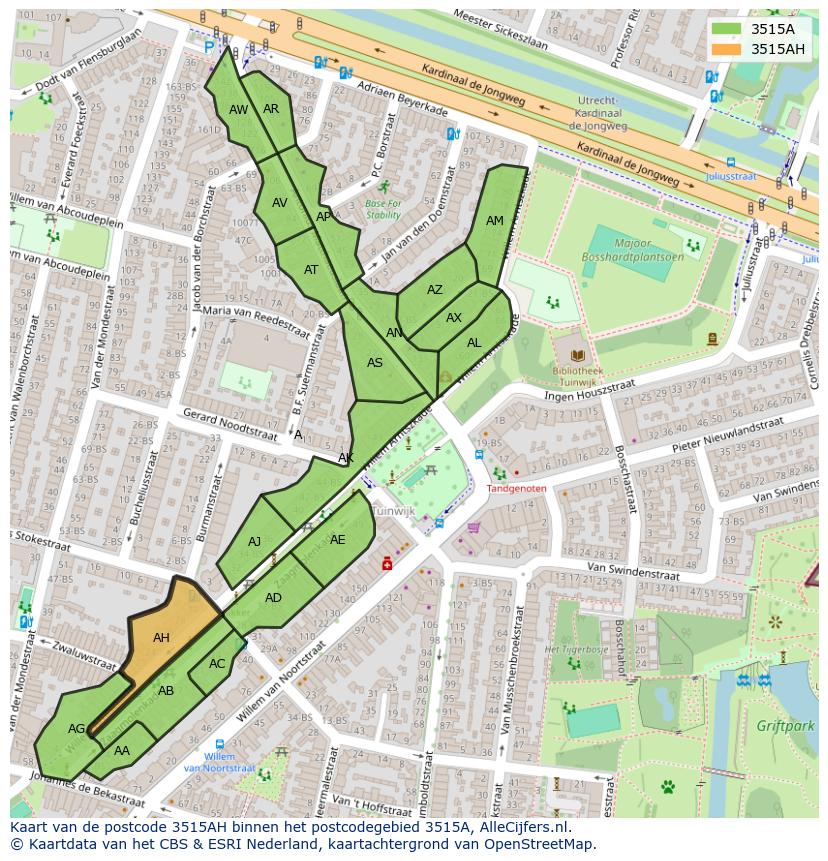 Afbeelding van het postcodegebied 3515 AH op de kaart.
