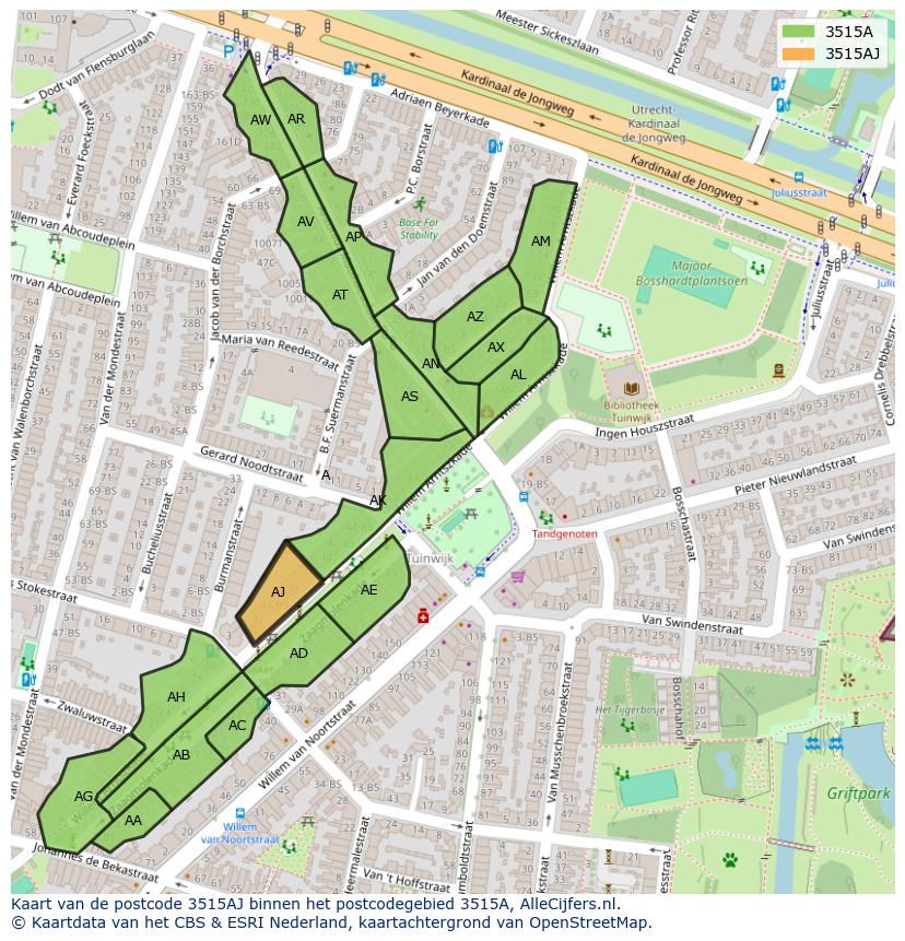 Afbeelding van het postcodegebied 3515 AJ op de kaart.