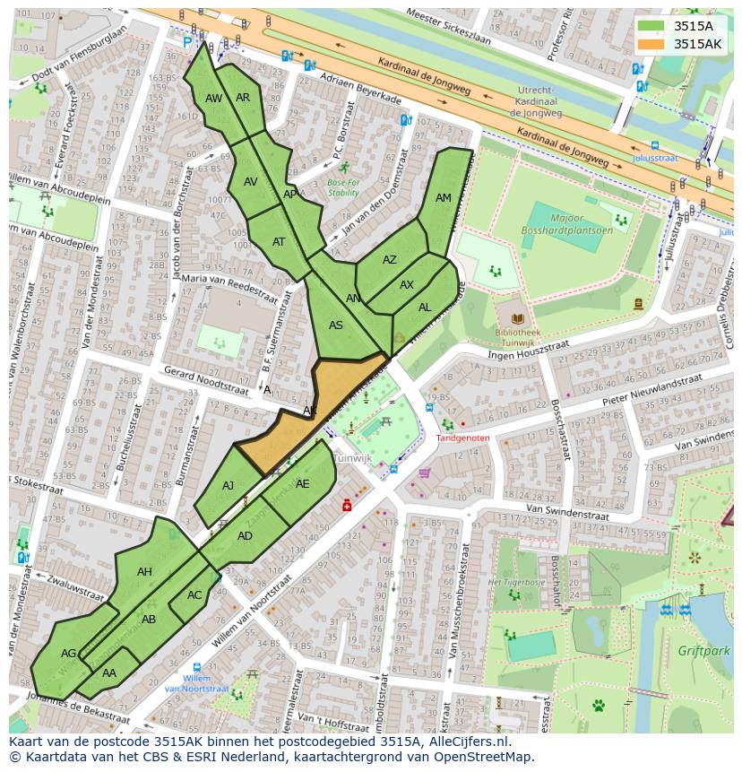 Afbeelding van het postcodegebied 3515 AK op de kaart.