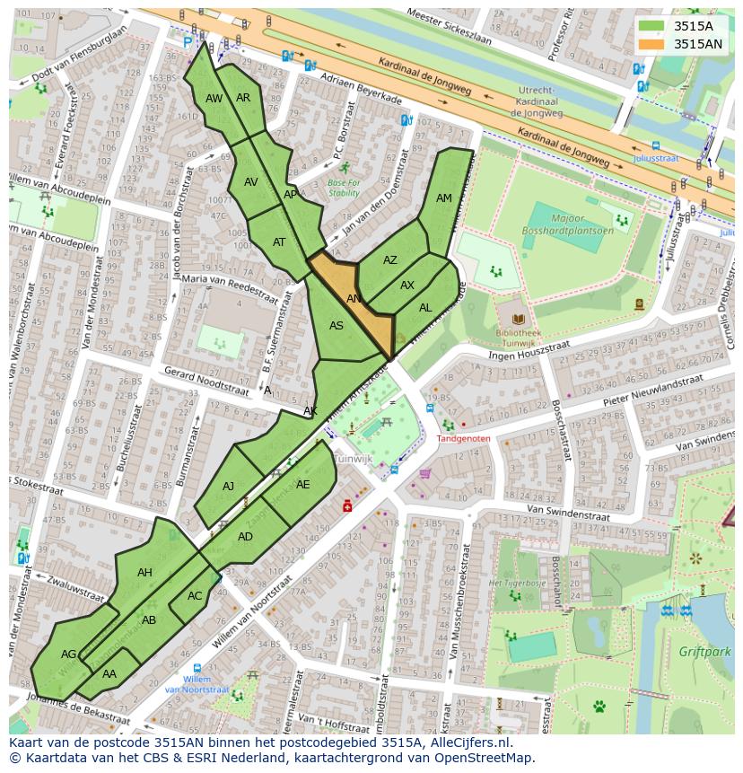 Afbeelding van het postcodegebied 3515 AN op de kaart.