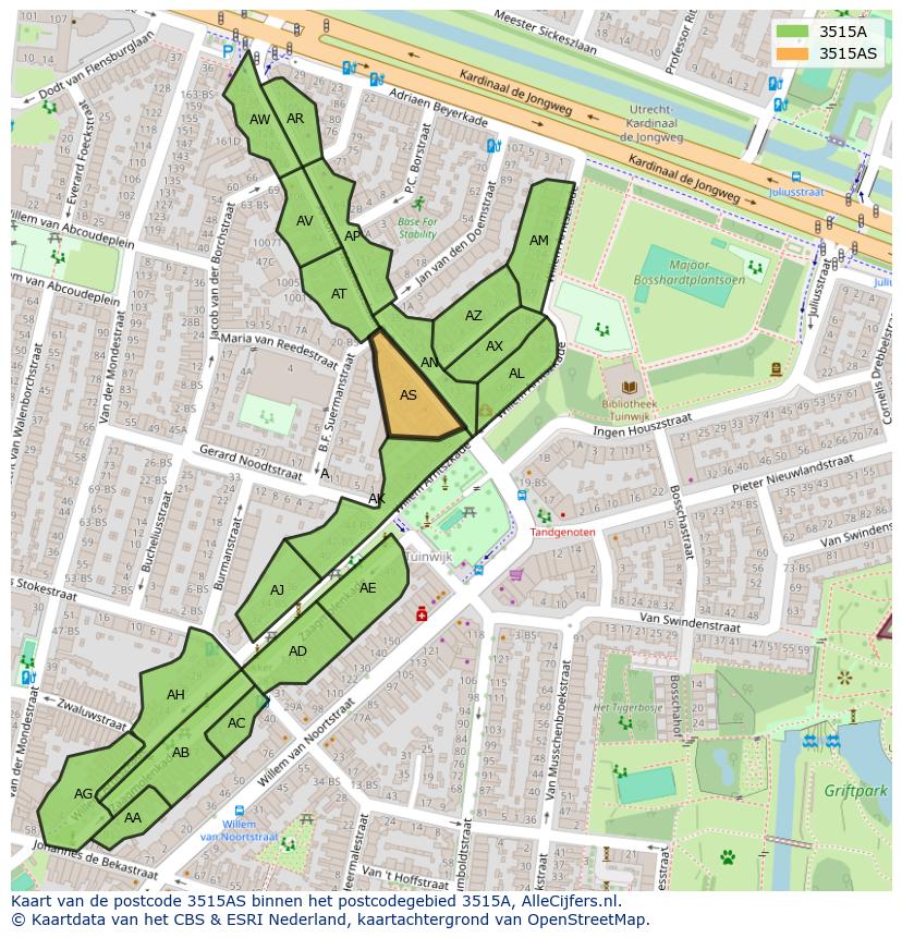 Afbeelding van het postcodegebied 3515 AS op de kaart.