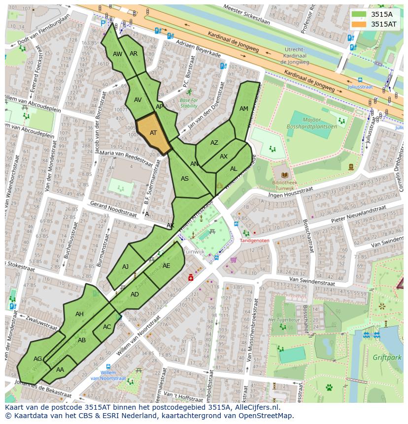 Afbeelding van het postcodegebied 3515 AT op de kaart.