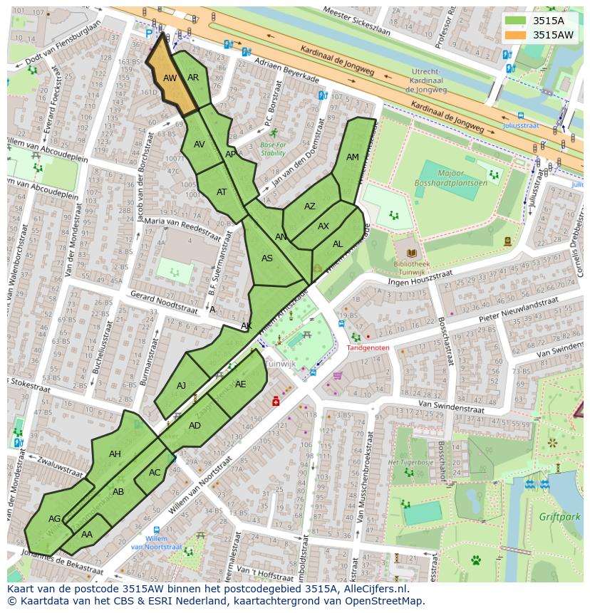 Afbeelding van het postcodegebied 3515 AW op de kaart.