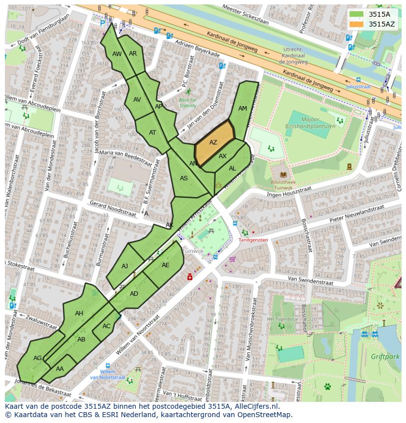 Afbeelding van het postcodegebied 3515 AZ op de kaart.