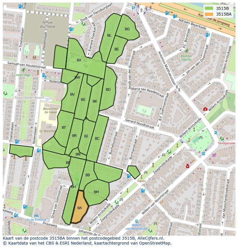 Afbeelding van het postcodegebied 3515 BA op de kaart.