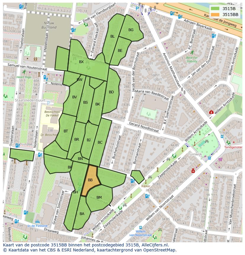 Afbeelding van het postcodegebied 3515 BB op de kaart.
