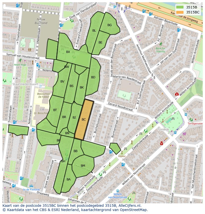 Afbeelding van het postcodegebied 3515 BC op de kaart.