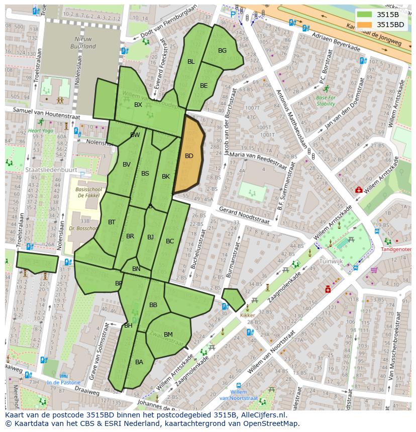 Afbeelding van het postcodegebied 3515 BD op de kaart.