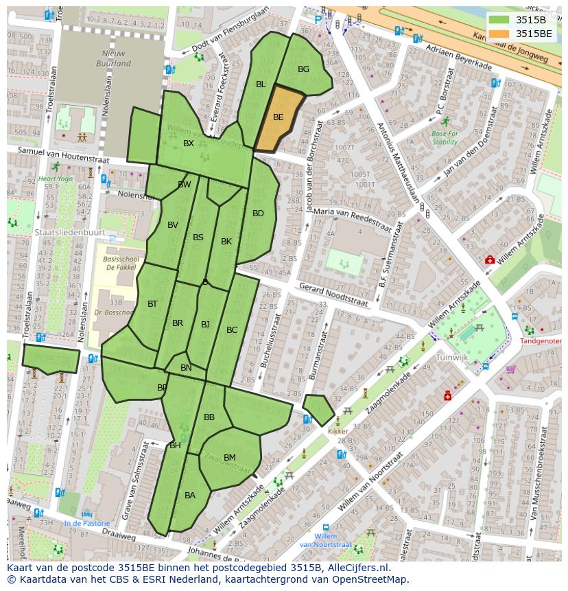 Afbeelding van het postcodegebied 3515 BE op de kaart.
