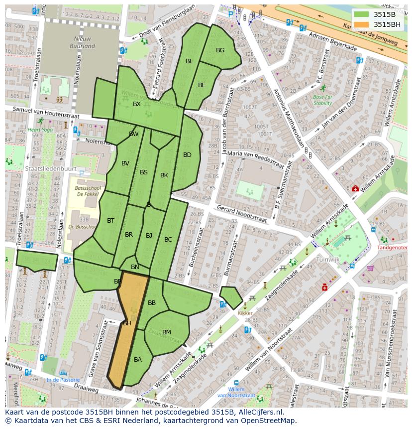 Afbeelding van het postcodegebied 3515 BH op de kaart.