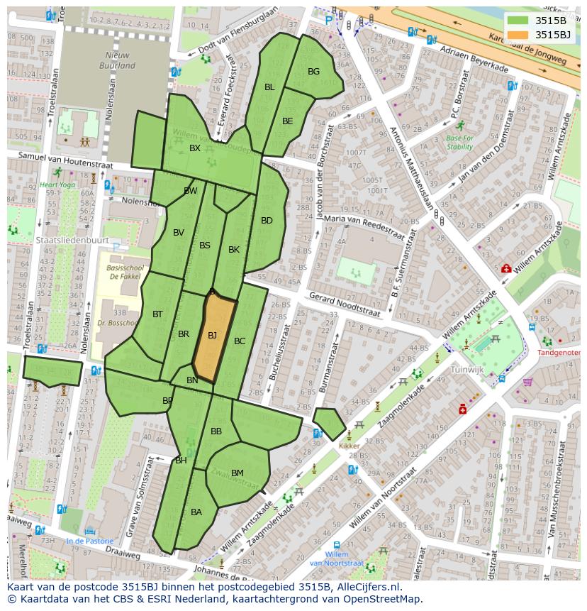 Afbeelding van het postcodegebied 3515 BJ op de kaart.