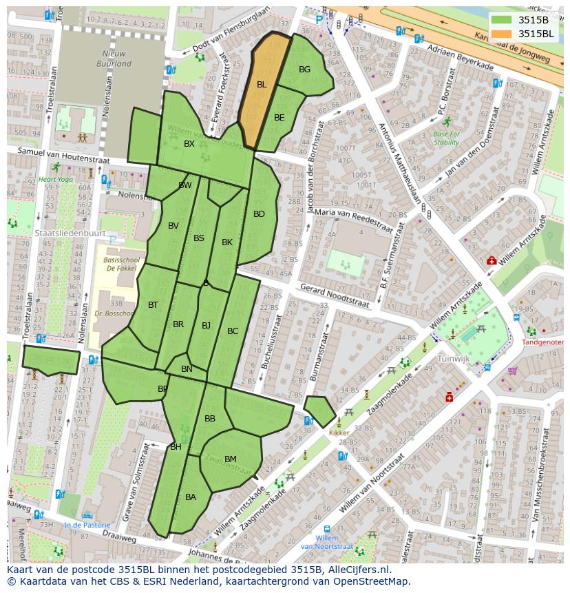 Afbeelding van het postcodegebied 3515 BL op de kaart.