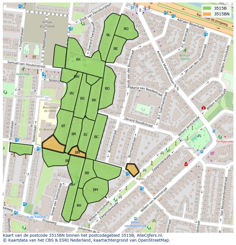 Afbeelding van het postcodegebied 3515 BN op de kaart.