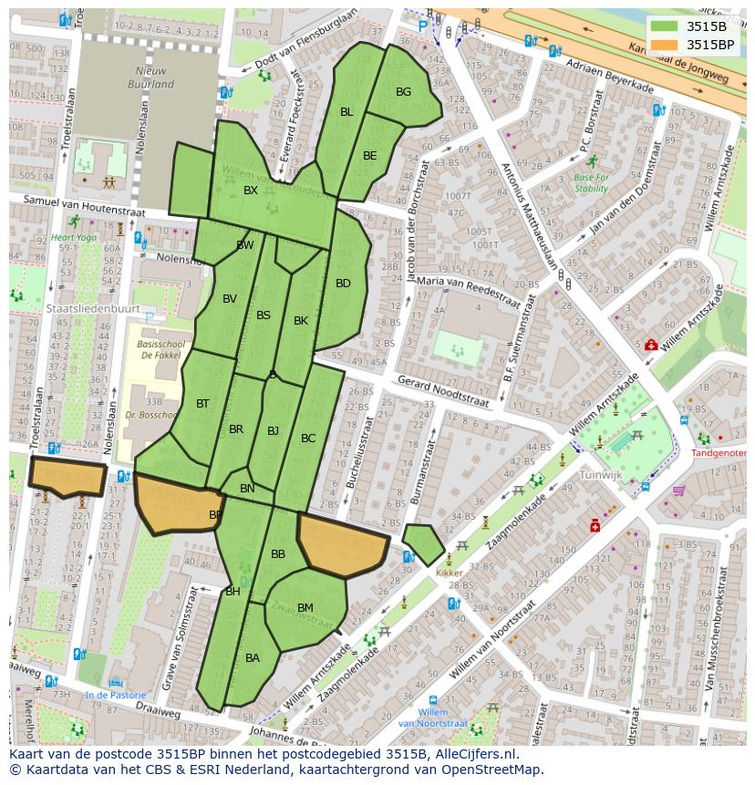 Afbeelding van het postcodegebied 3515 BP op de kaart.