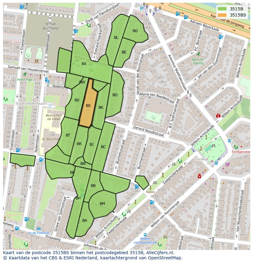 Afbeelding van het postcodegebied 3515 BS op de kaart.