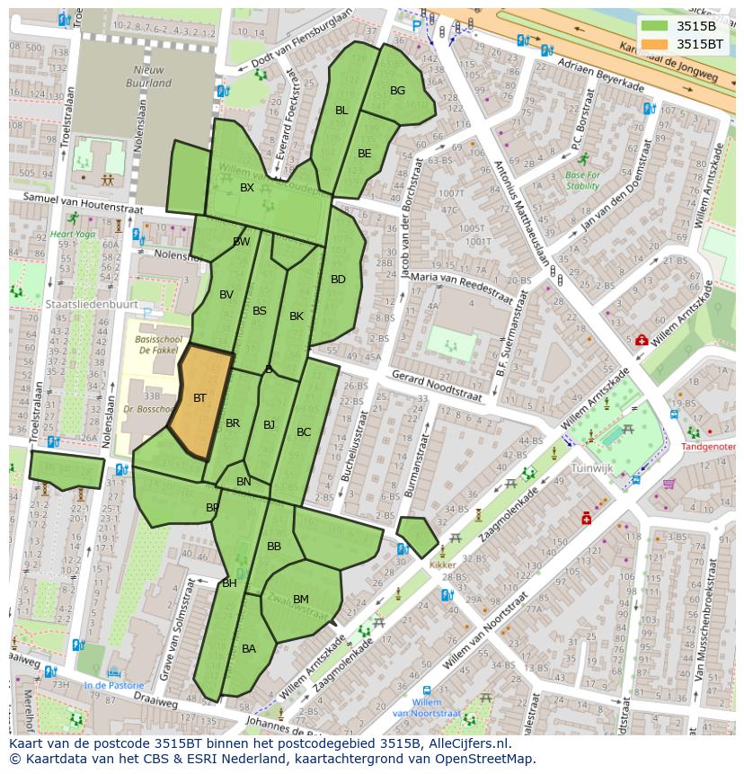 Afbeelding van het postcodegebied 3515 BT op de kaart.