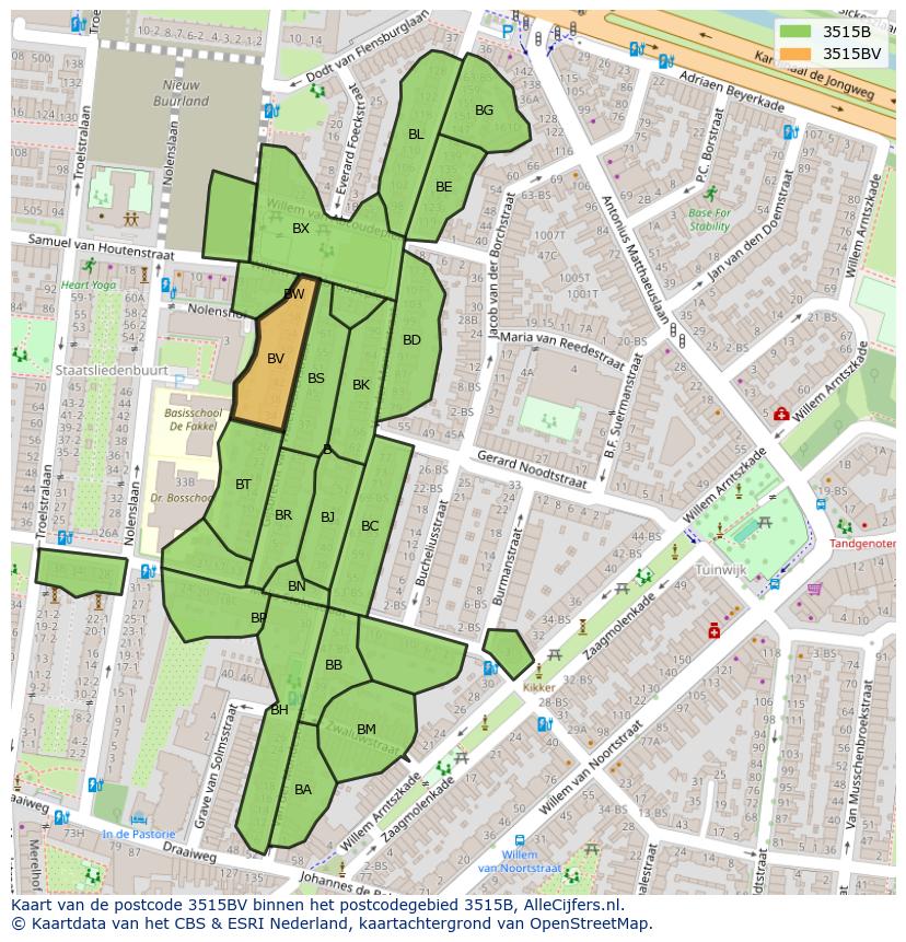 Afbeelding van het postcodegebied 3515 BV op de kaart.