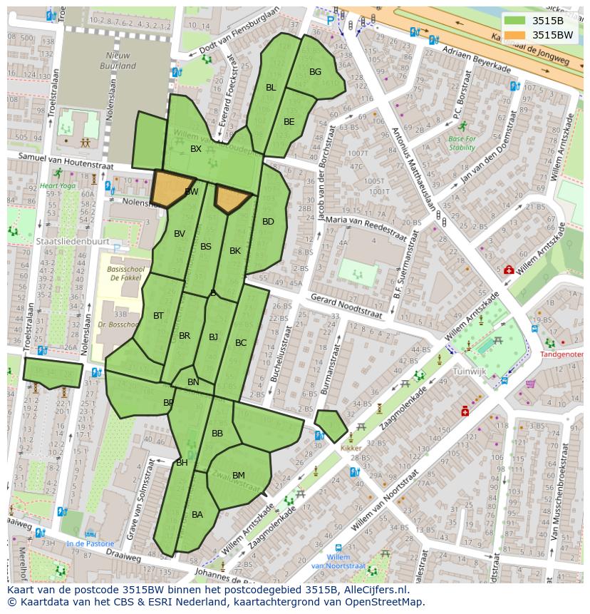 Afbeelding van het postcodegebied 3515 BW op de kaart.