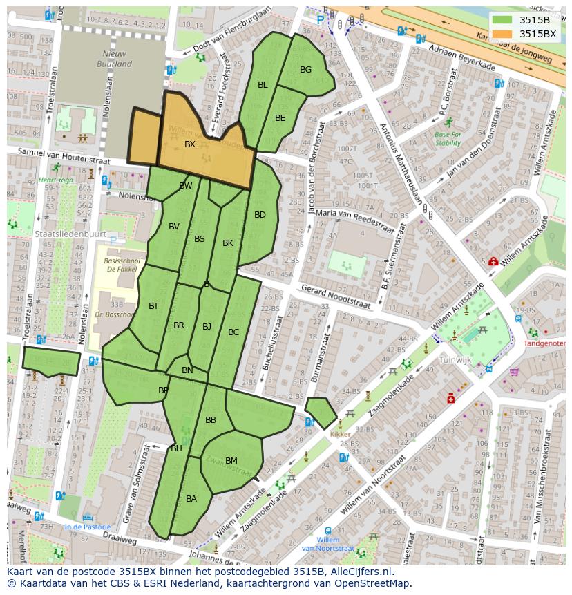 Afbeelding van het postcodegebied 3515 BX op de kaart.