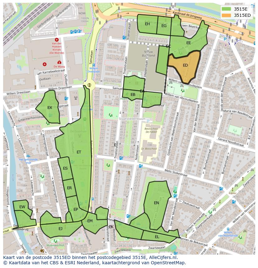 Afbeelding van het postcodegebied 3515 ED op de kaart.