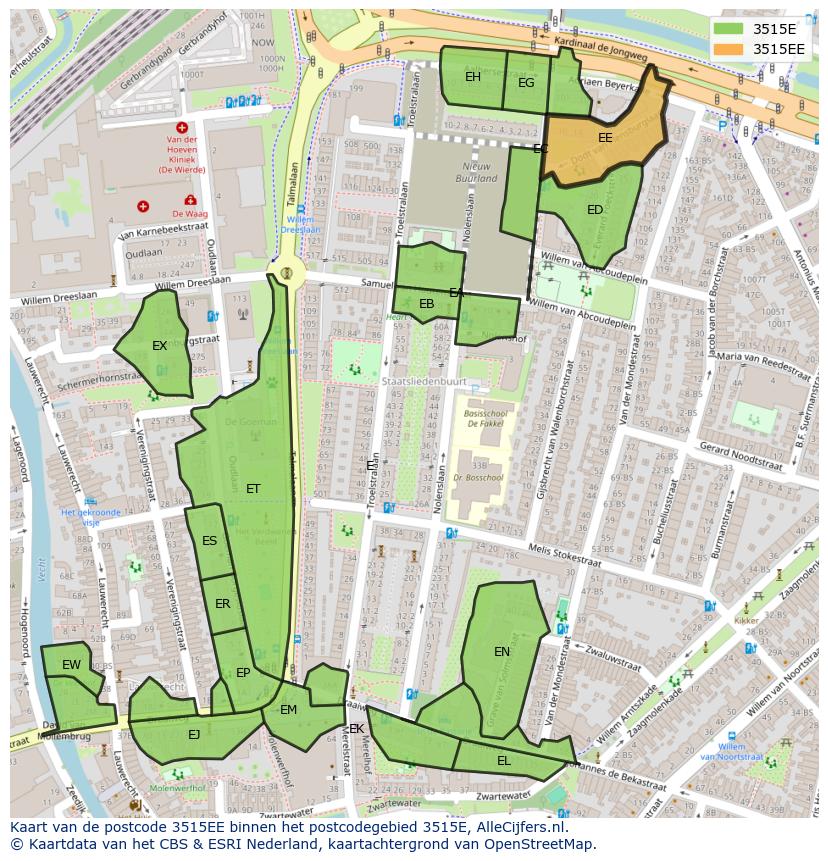 Afbeelding van het postcodegebied 3515 EE op de kaart.