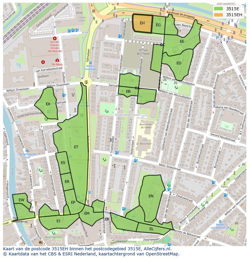 Afbeelding van het postcodegebied 3515 EH op de kaart.
