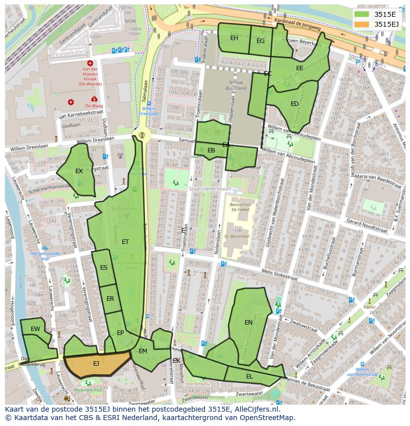 Afbeelding van het postcodegebied 3515 EJ op de kaart.