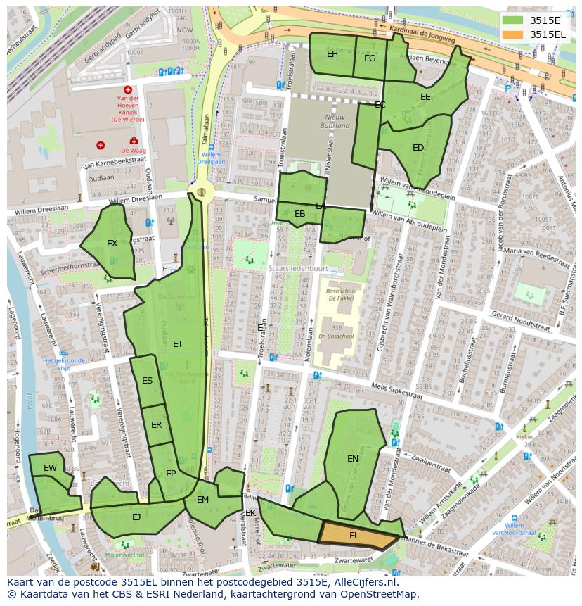 Afbeelding van het postcodegebied 3515 EL op de kaart.