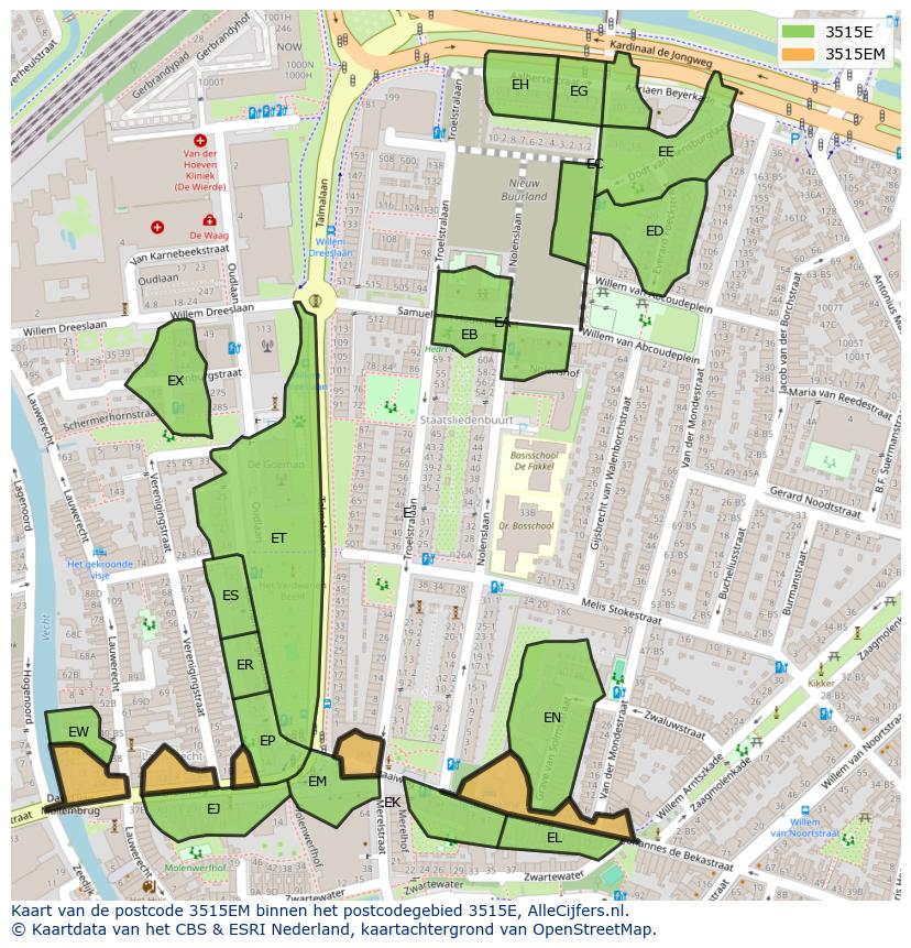 Afbeelding van het postcodegebied 3515 EM op de kaart.