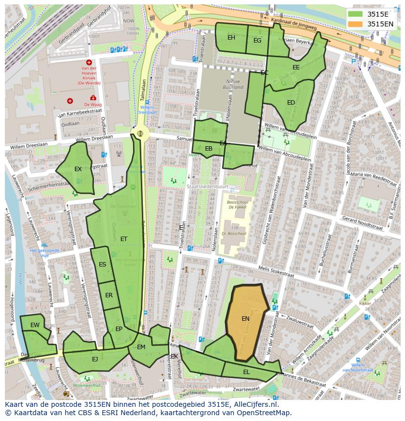 Afbeelding van het postcodegebied 3515 EN op de kaart.