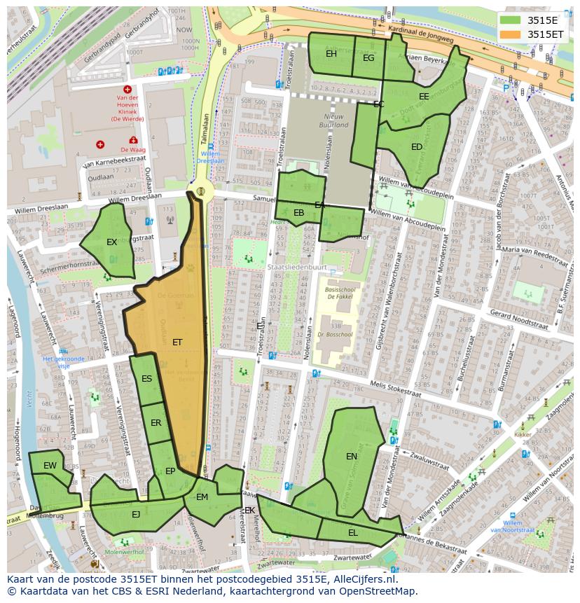 Afbeelding van het postcodegebied 3515 ET op de kaart.