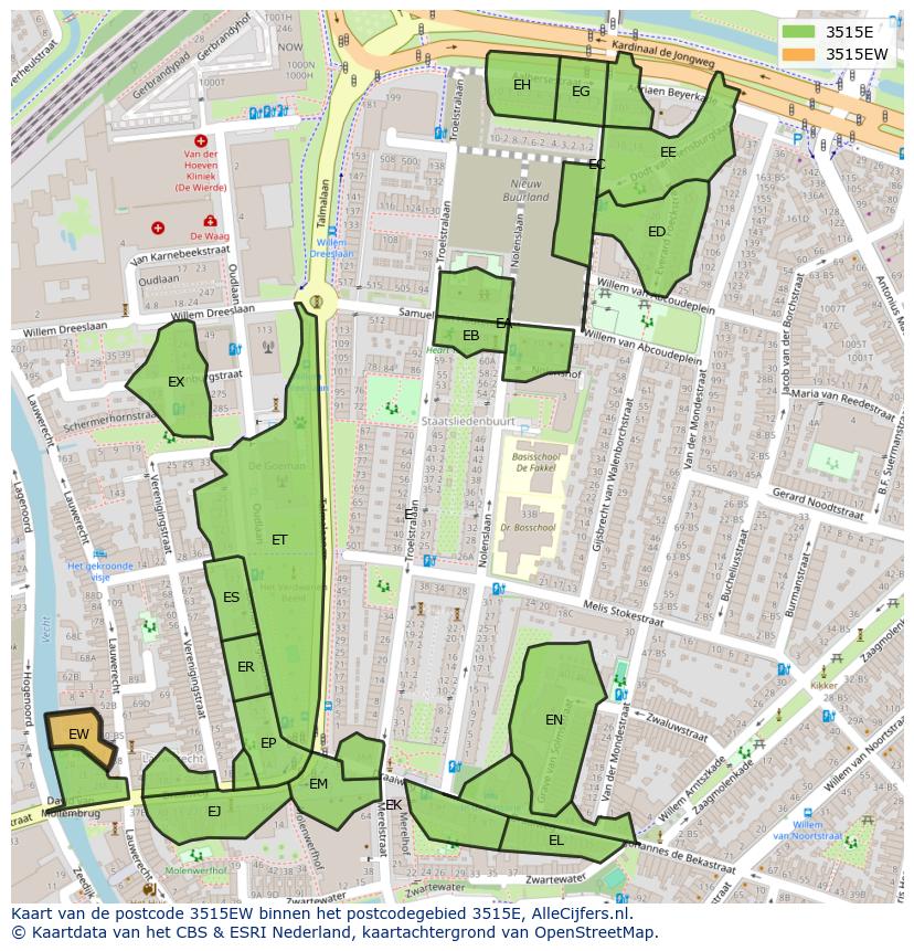 Afbeelding van het postcodegebied 3515 EW op de kaart.
