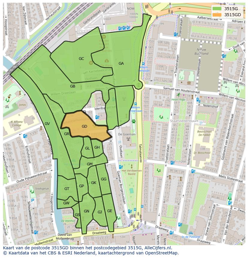 Afbeelding van het postcodegebied 3515 GD op de kaart.
