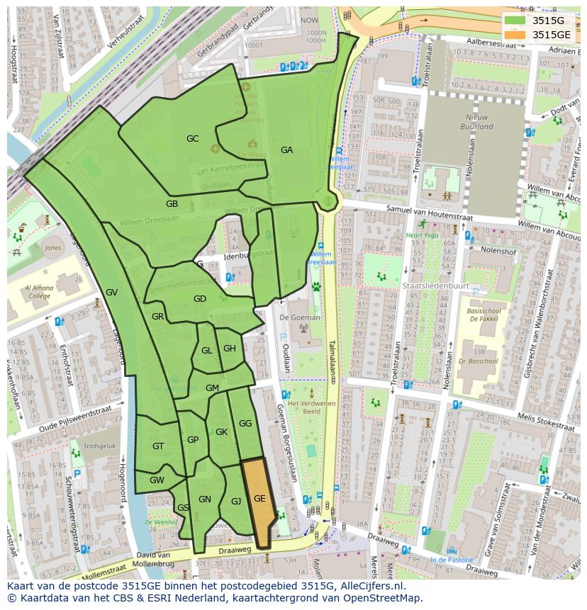Afbeelding van het postcodegebied 3515 GE op de kaart.