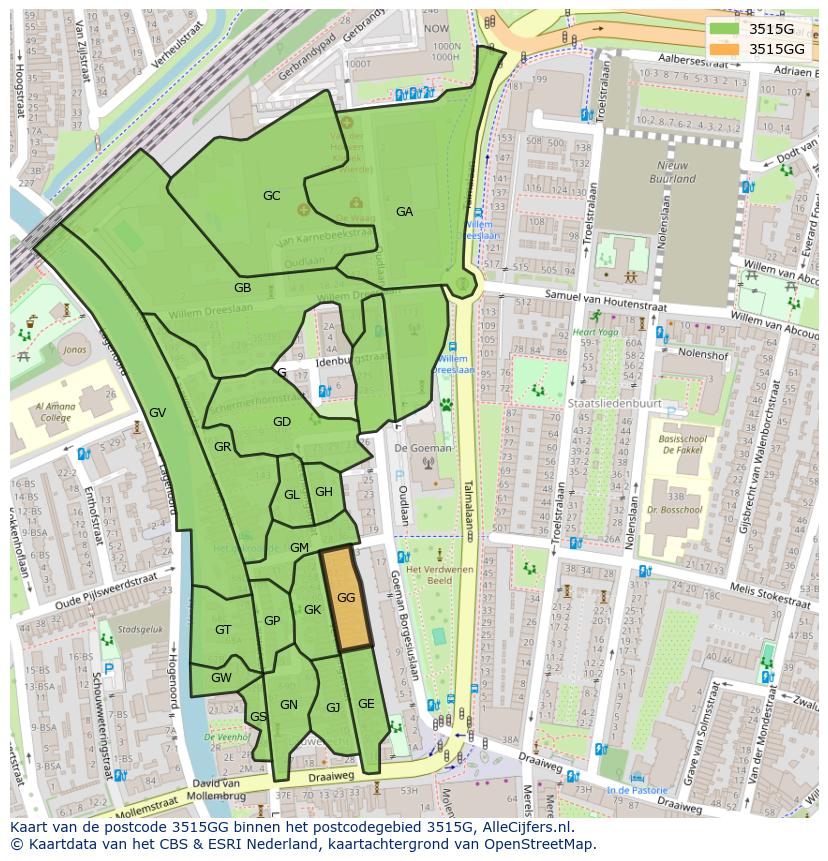 Afbeelding van het postcodegebied 3515 GG op de kaart.