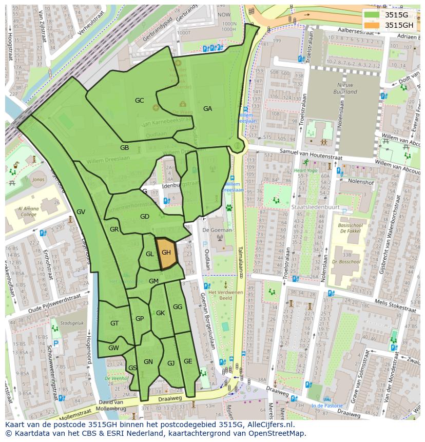 Afbeelding van het postcodegebied 3515 GH op de kaart.
