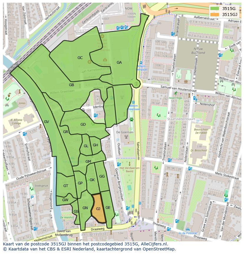 Afbeelding van het postcodegebied 3515 GJ op de kaart.