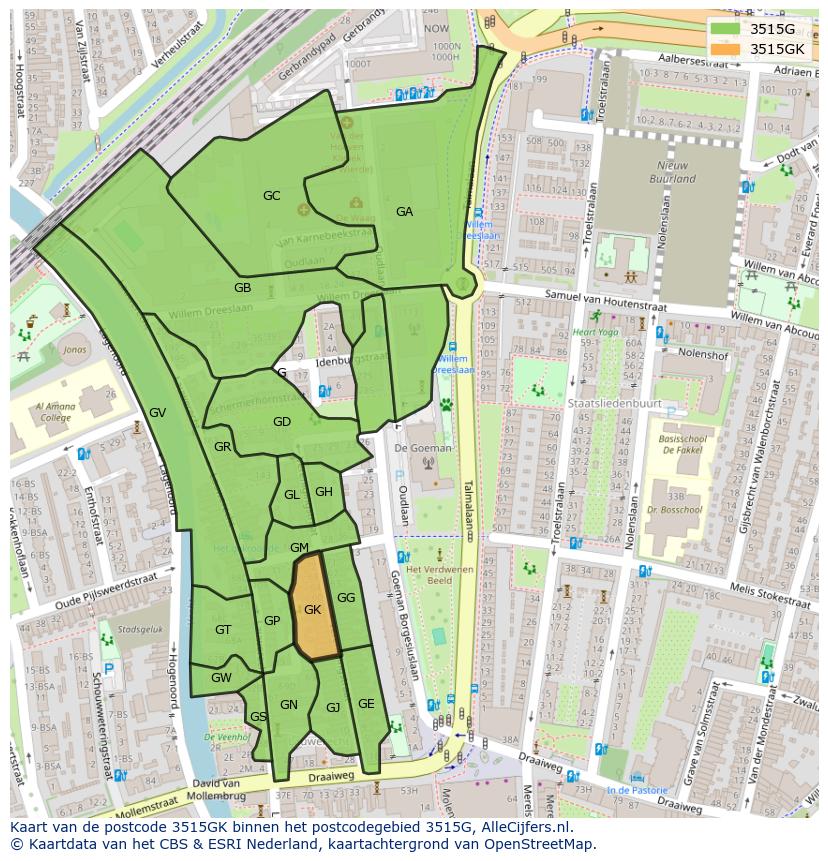 Afbeelding van het postcodegebied 3515 GK op de kaart.