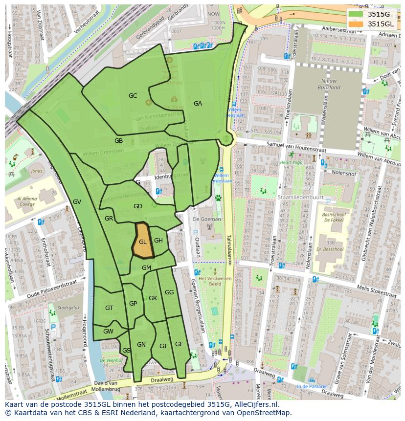 Afbeelding van het postcodegebied 3515 GL op de kaart.