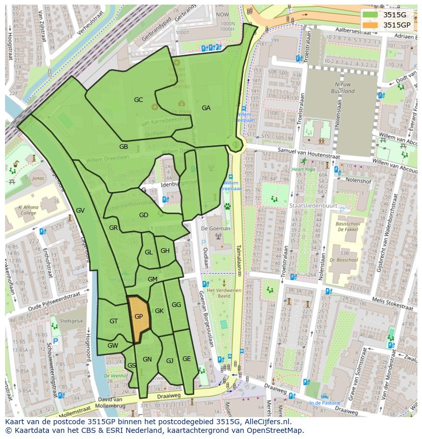 Afbeelding van het postcodegebied 3515 GP op de kaart.