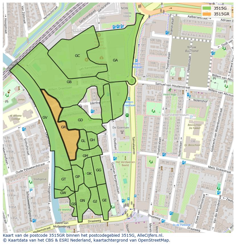 Afbeelding van het postcodegebied 3515 GR op de kaart.