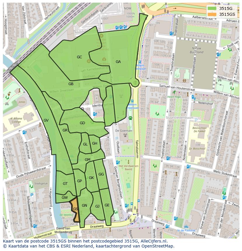 Afbeelding van het postcodegebied 3515 GS op de kaart.