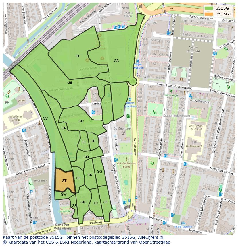 Afbeelding van het postcodegebied 3515 GT op de kaart.