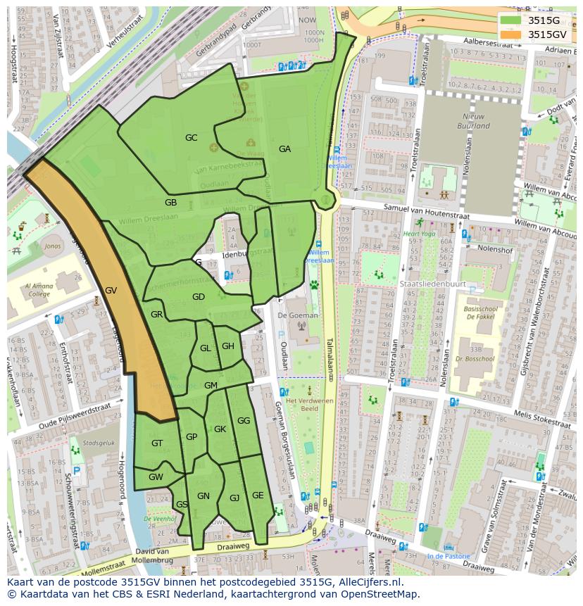 Afbeelding van het postcodegebied 3515 GV op de kaart.